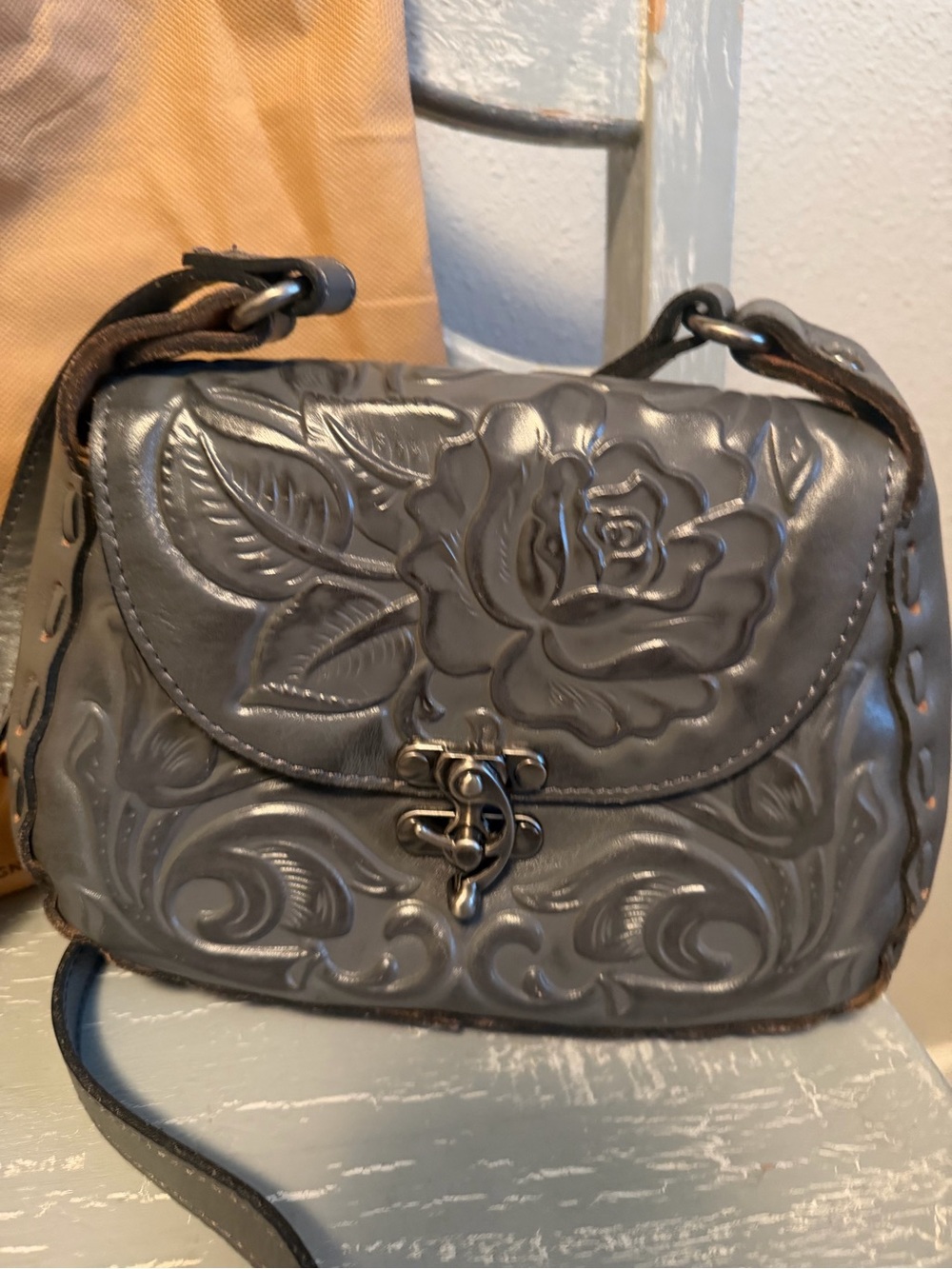 Patricia Nash Embossed Floral Gray Leather Crossbody